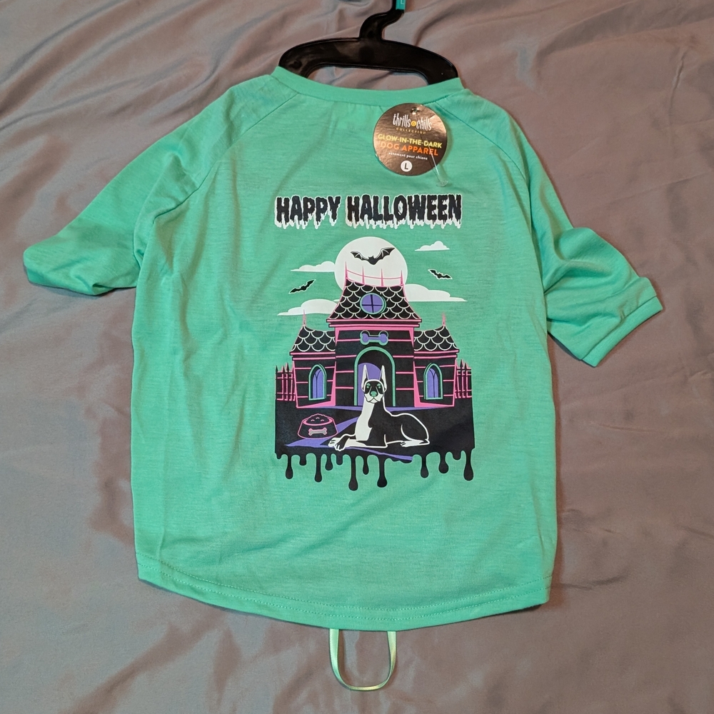 Comfy Dog Halloween Shirt - Teal and Black, Size Large